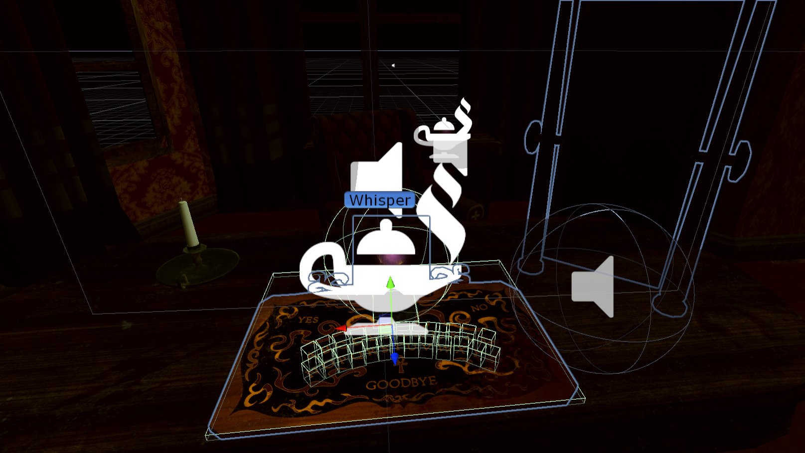 A dimly lit scene with a Ouija board on a table, a white candle, and Unreal Engine's UI elements.