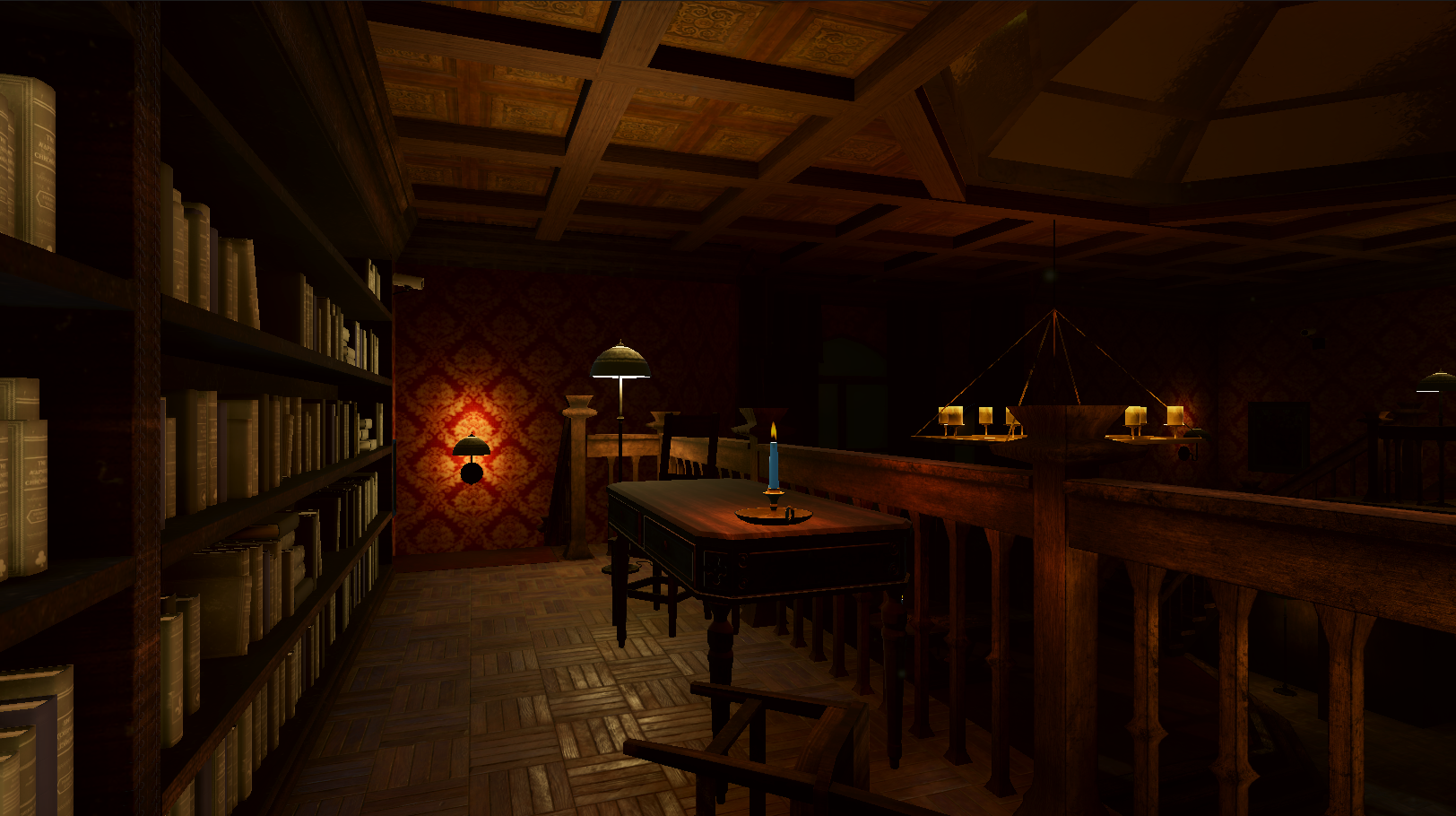 A dimly lit library with wooden shelves, a candle-lit desk, and red-patterned wallpaper from the video game 'Hush'