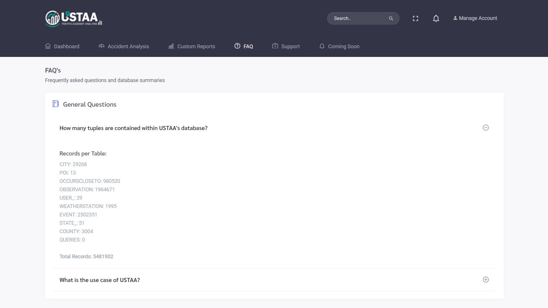 A screenshot of the USTAA's FAQ page showing the number of tuples in each database table, totaling to 5,481,902 records